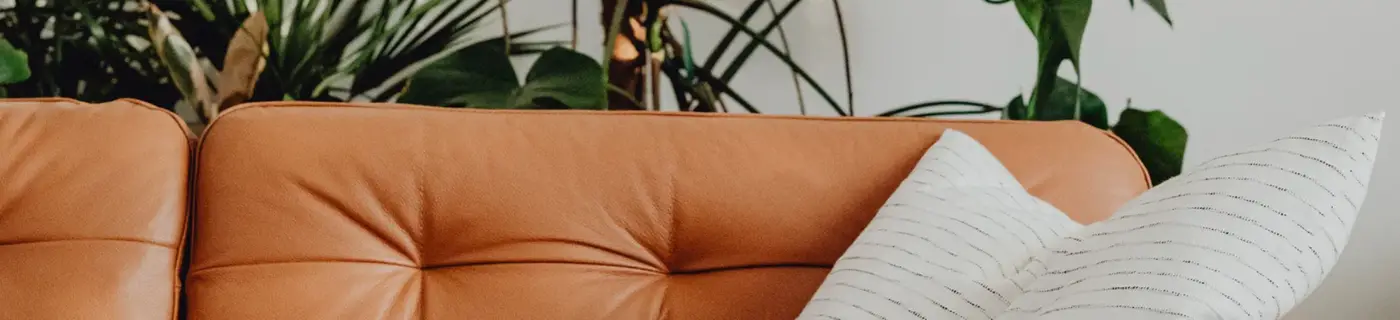 Warm home environment with an orange leather sofa, striped cushion and house plants, symbolising therapy for feeling lost and emotional grounding
